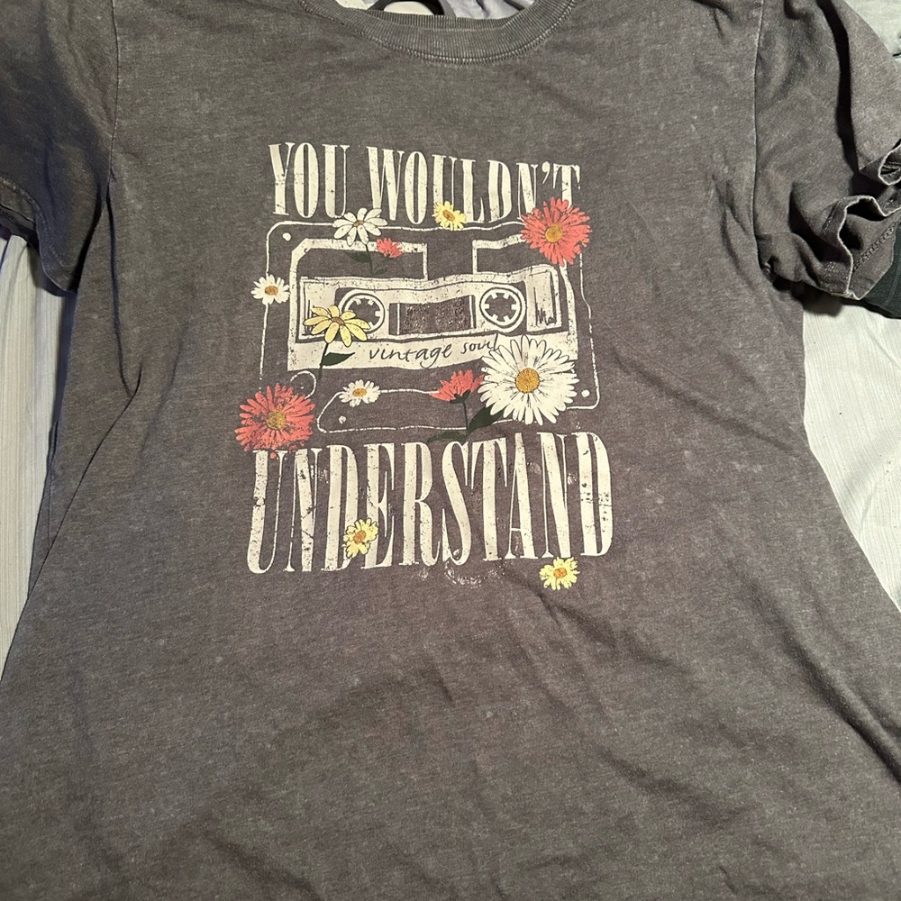 Vintage Gray Graphic Tee with Floral Accents